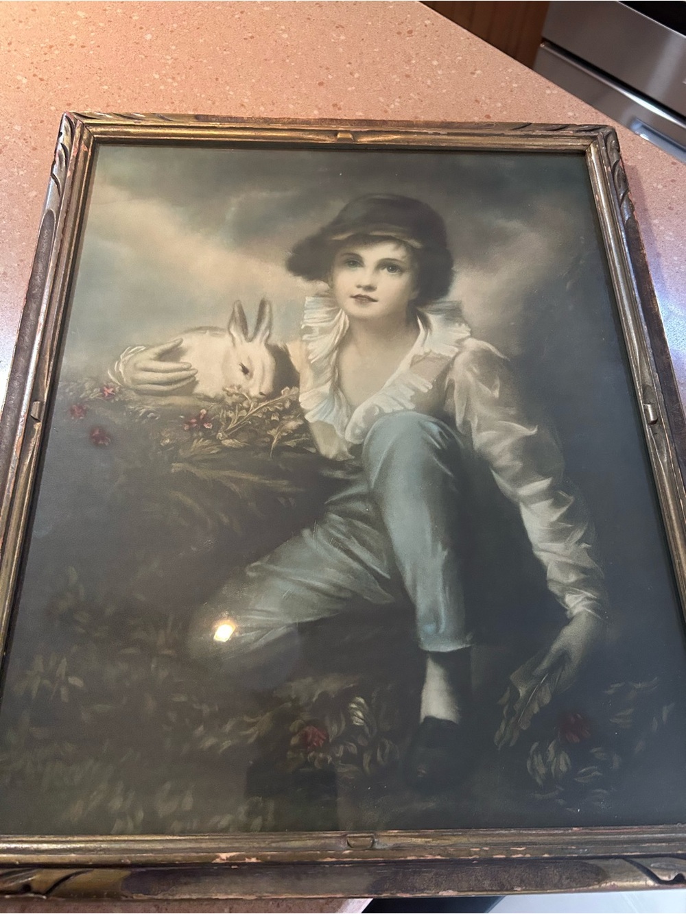 Vintage Framed, boy and rabbit, approximately 15 x 18, it's beautiful